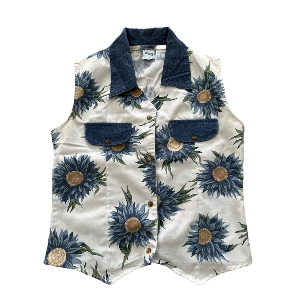 Vintage Center Aisle Basic 90s Sunflower Floral Button-down Sleeveless Shirt